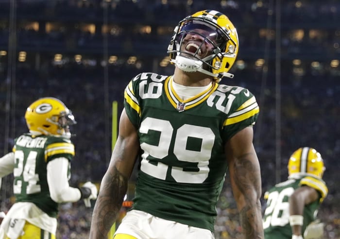 Jan 1, 2023; Green Bay, Wisconsin, USA; Green Bay Packers cornerback Rasul Douglas (29) celebrates a defensive stop against the Minnesota Vikings during their football game at Lambeau Field.